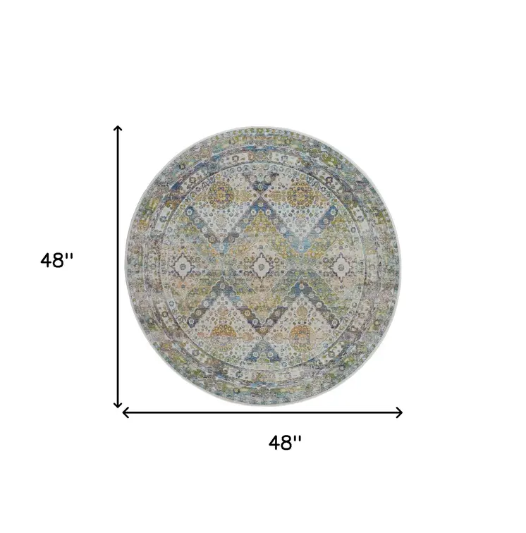 4' Ivory Blue and Green Floral Medallion Distressed Non Skid Round Rug