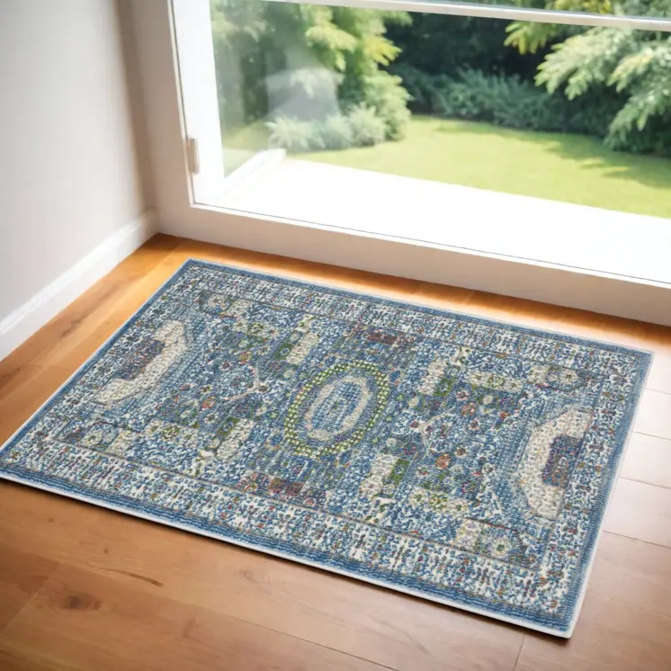 2' X 4' Ivory and Blue Geometric Distressed Non Skid Area Rug