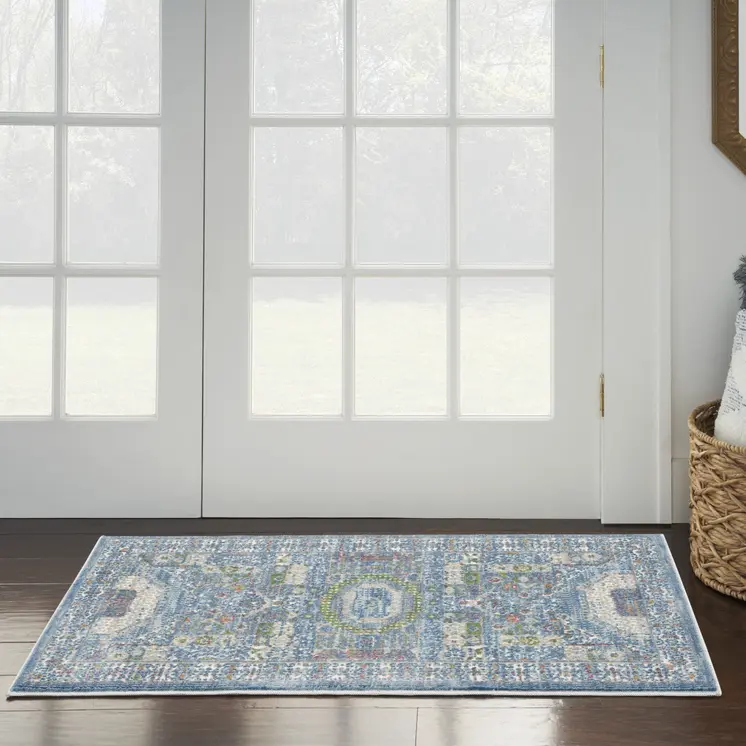 2' X 4' Ivory and Blue Geometric Distressed Non Skid Area Rug