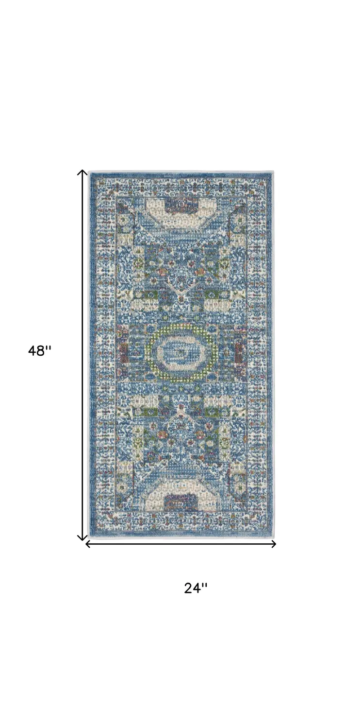 2' X 4' Ivory and Blue Geometric Distressed Non Skid Area Rug