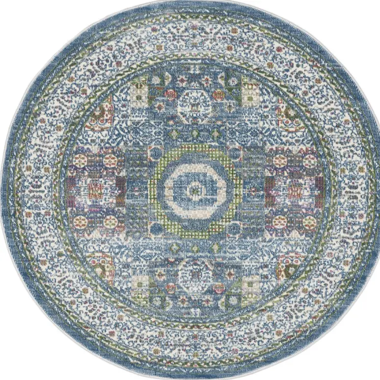 4' Ivory and Blue Geometric Distressed Non Skid Round Rug
