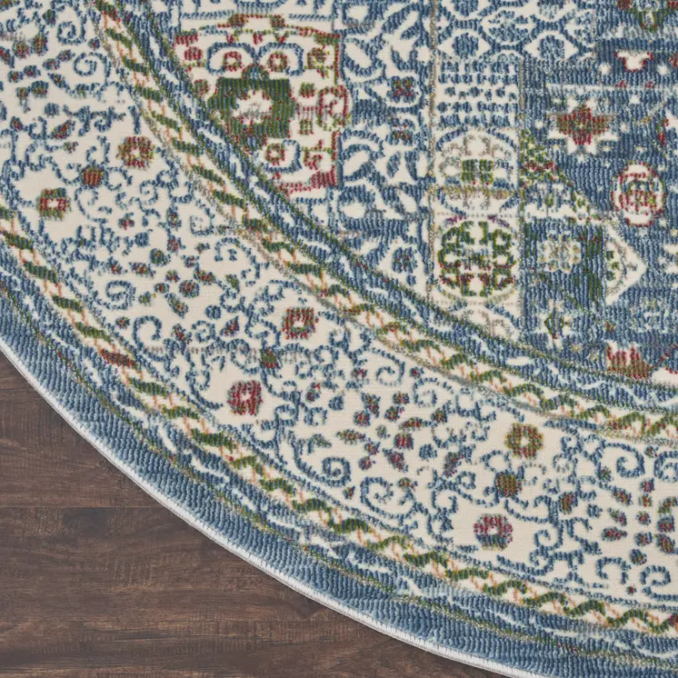 4' Ivory and Blue Geometric Distressed Non Skid Round Rug