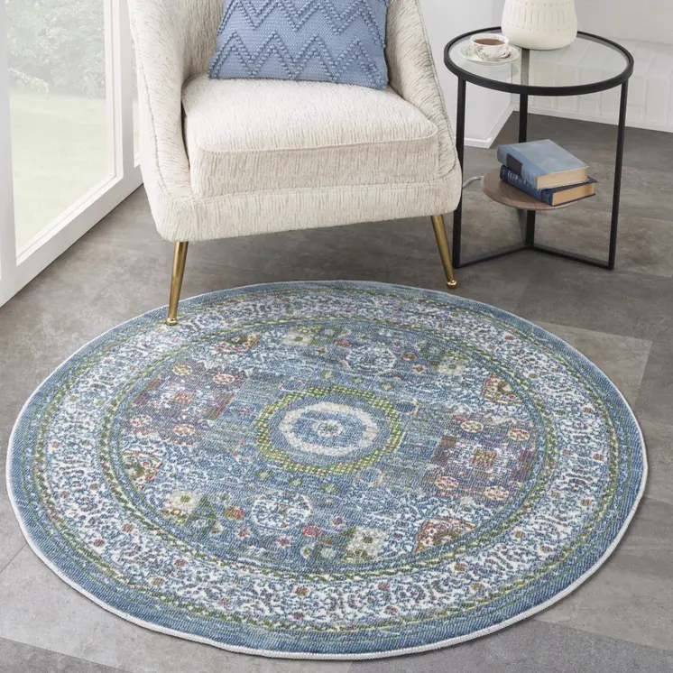 4' Ivory and Blue Geometric Distressed Non Skid Round Rug