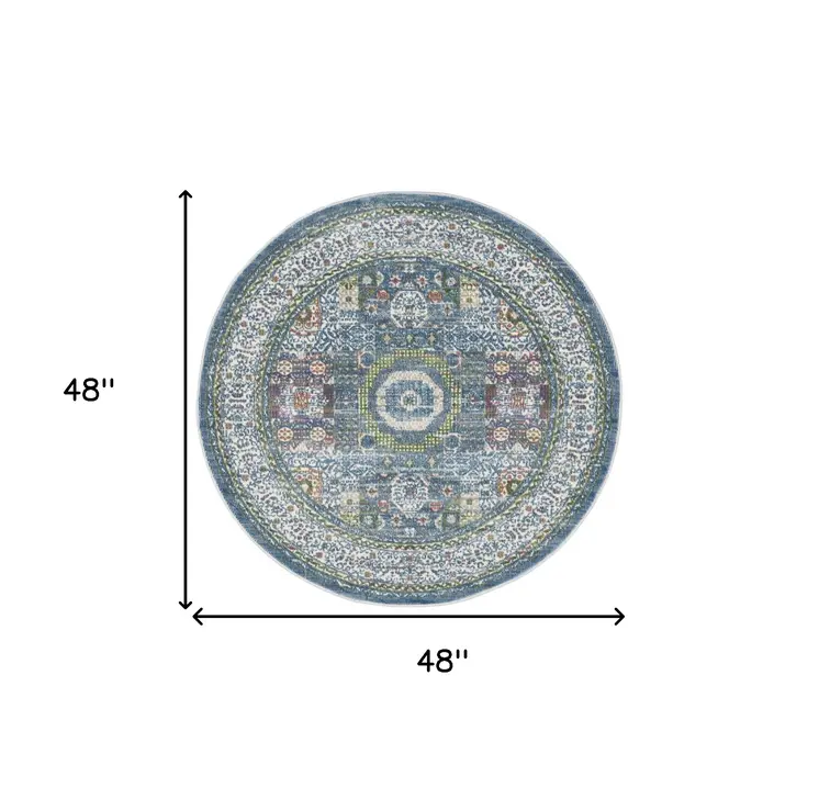 4' Ivory and Blue Geometric Distressed Non Skid Round Rug