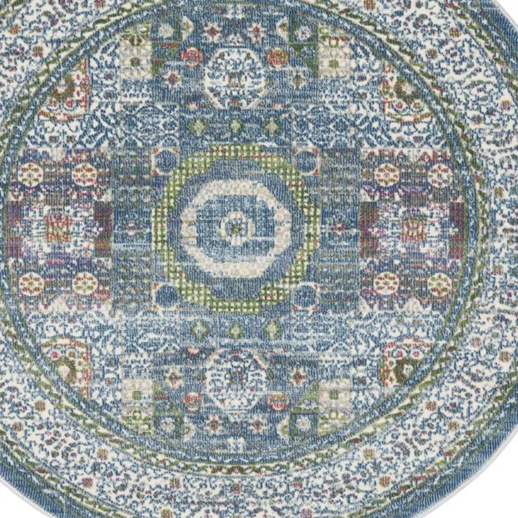 4' Ivory and Blue Geometric Distressed Non Skid Round Rug