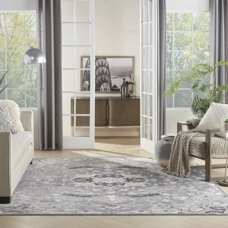 8' X 10' Gray and Black Floral Medallion Non Skid Area Rug