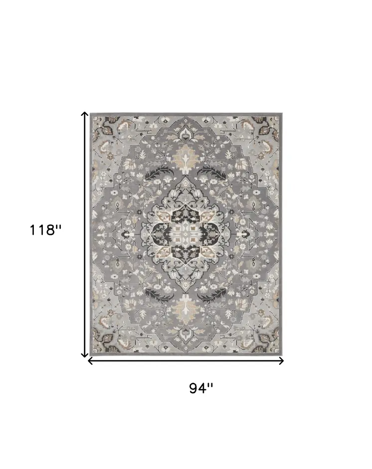 8' X 10' Gray and Black Floral Medallion Non Skid Area Rug