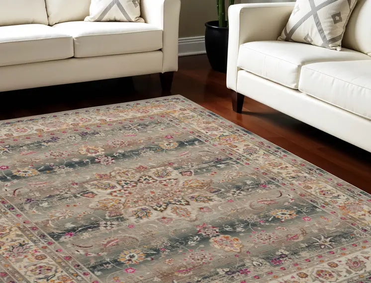 8' X 10' Ivory Brown And Gray Floral Distressed Non Skid Area Rug