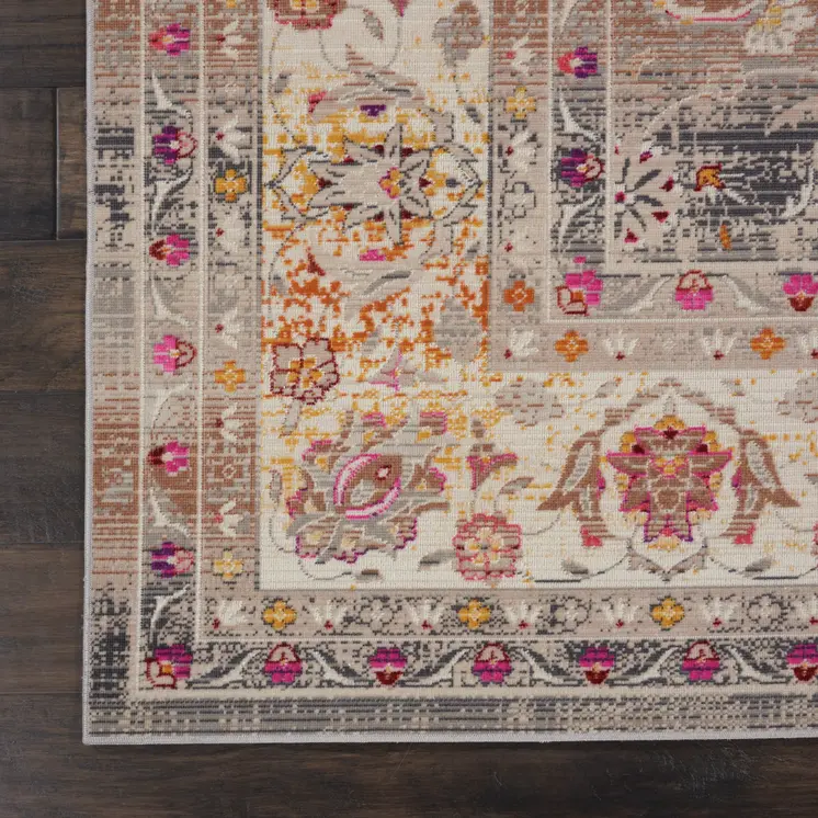 8' X 10' Ivory Brown And Gray Floral Distressed Non Skid Area Rug