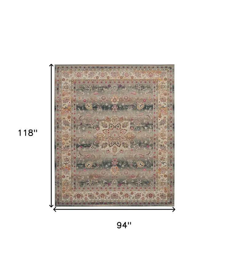 8' X 10' Ivory Brown And Gray Floral Distressed Non Skid Area Rug