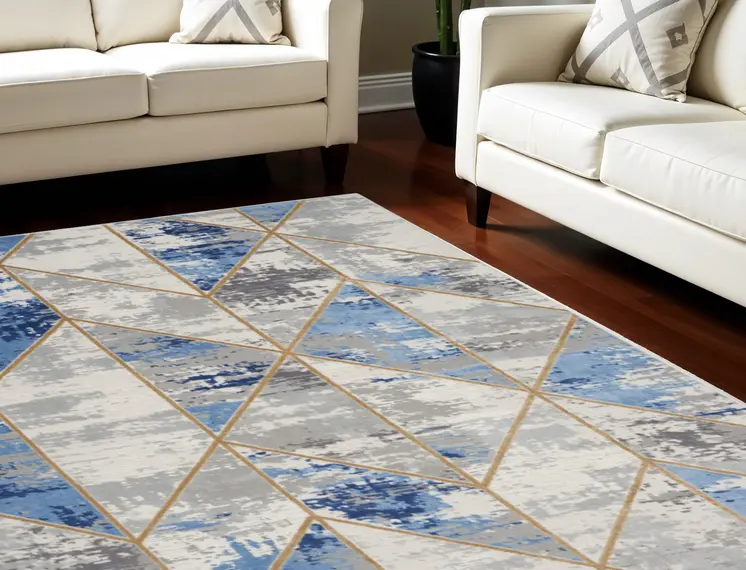 8' X 10' Ivory Blue and Gray Abstract Non Skid Area Rug