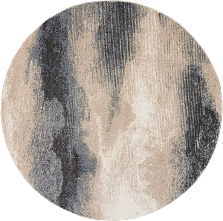 5' Gray Black and Beige Abstract Non Skid Round Rug