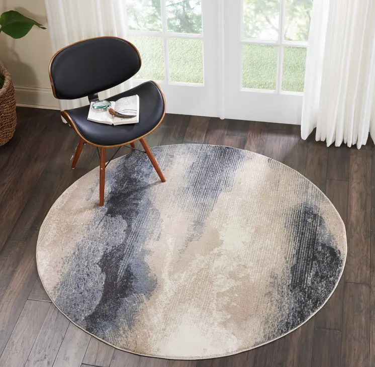 5' Gray Black and Beige Abstract Non Skid Round Rug