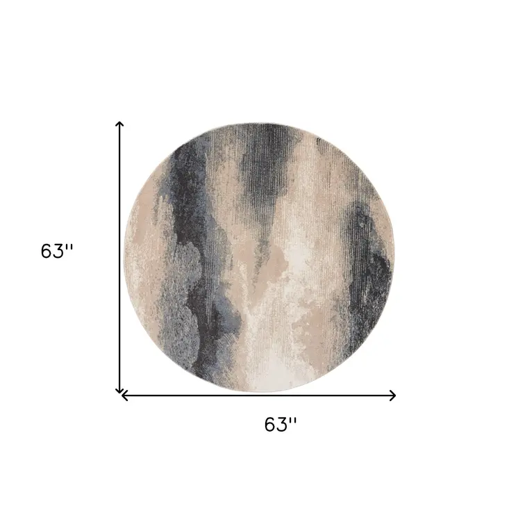 5' Gray Black and Beige Abstract Non Skid Round Rug