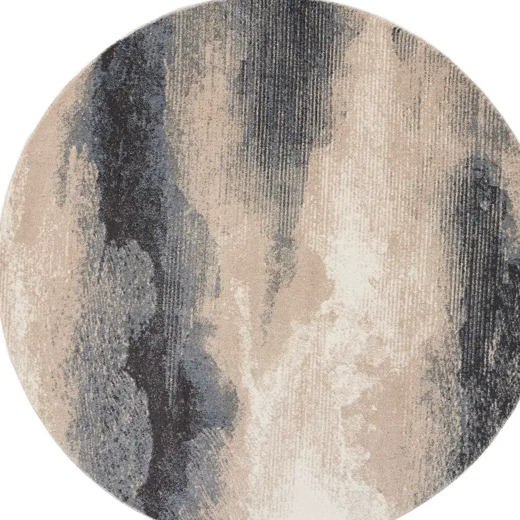 5' Gray Black and Beige Abstract Non Skid Round Rug