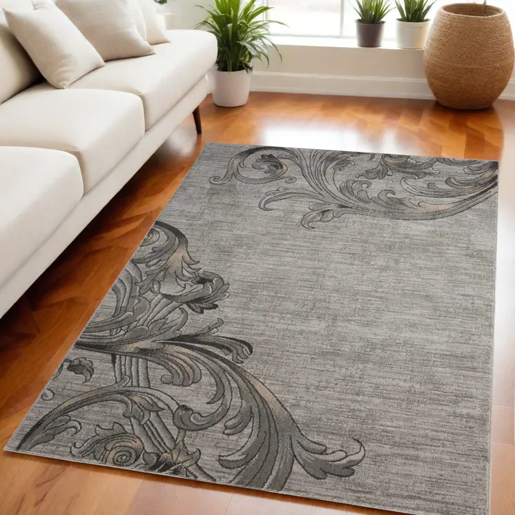5' X 7' Graphite and Black Floral Vines Non Skid Area Rug