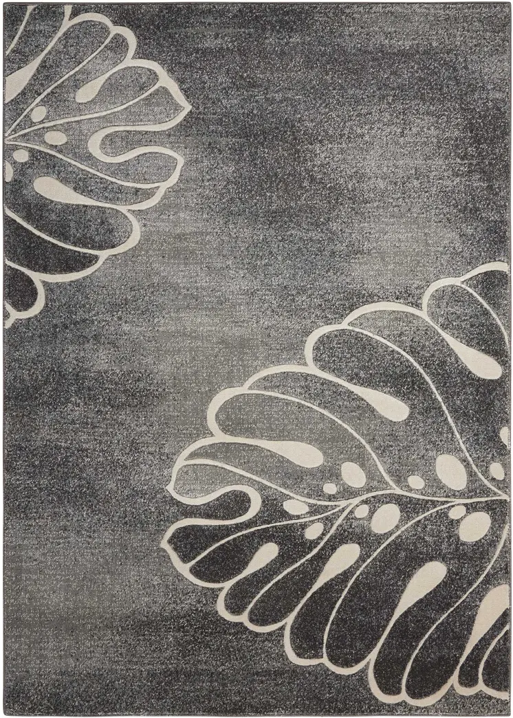 5' X 7' Ivory Black and Gray Botanical Leaves Non Skid Area Rug