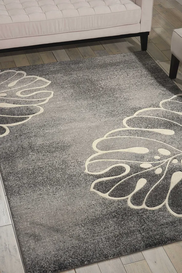 5' X 7' Ivory Black and Gray Botanical Leaves Non Skid Area Rug
