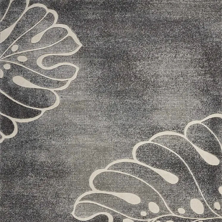 5' X 7' Ivory Black and Gray Botanical Leaves Non Skid Area Rug
