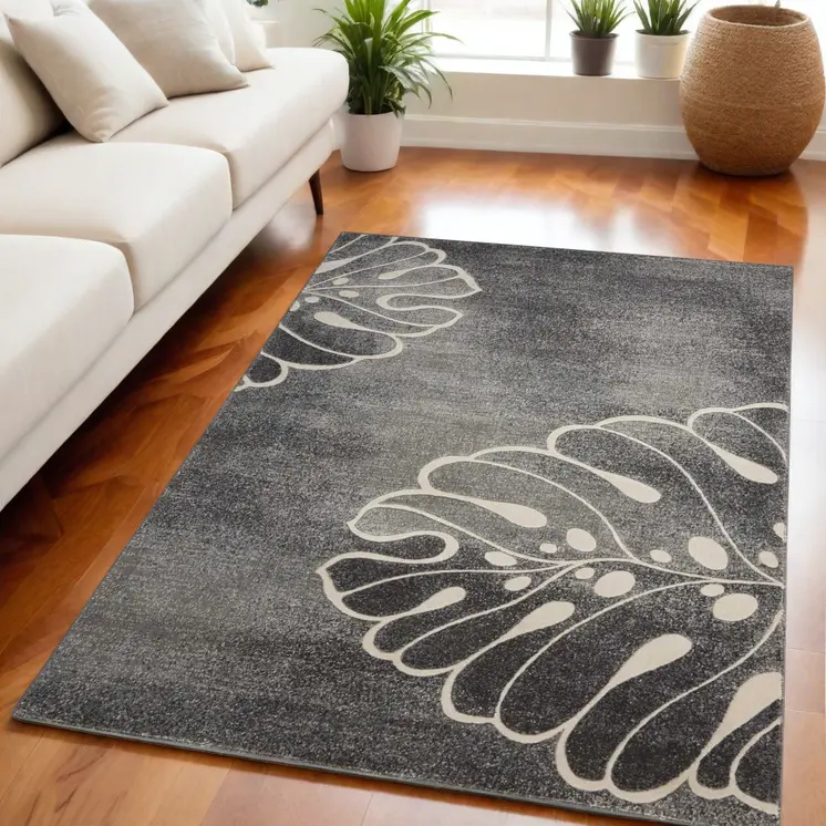 5' X 7' Ivory Black and Gray Botanical Leaves Non Skid Area Rug