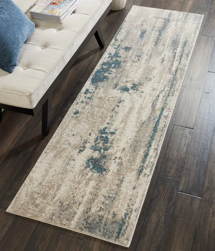 8' Teal and Ivory Abstract Non Skid Runner Rug