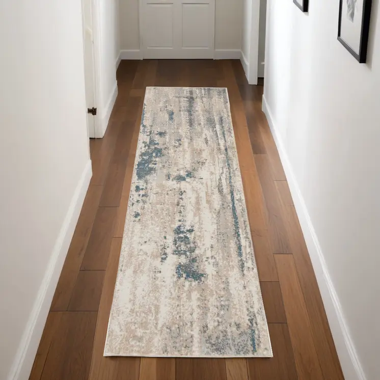 8' Teal and Ivory Abstract Non Skid Runner Rug