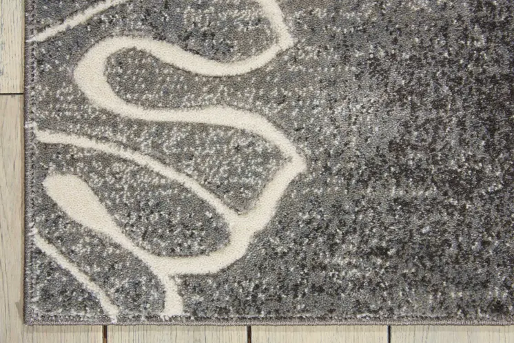 8' Ivory Black and Gray Floral Non Skid Runner Rug