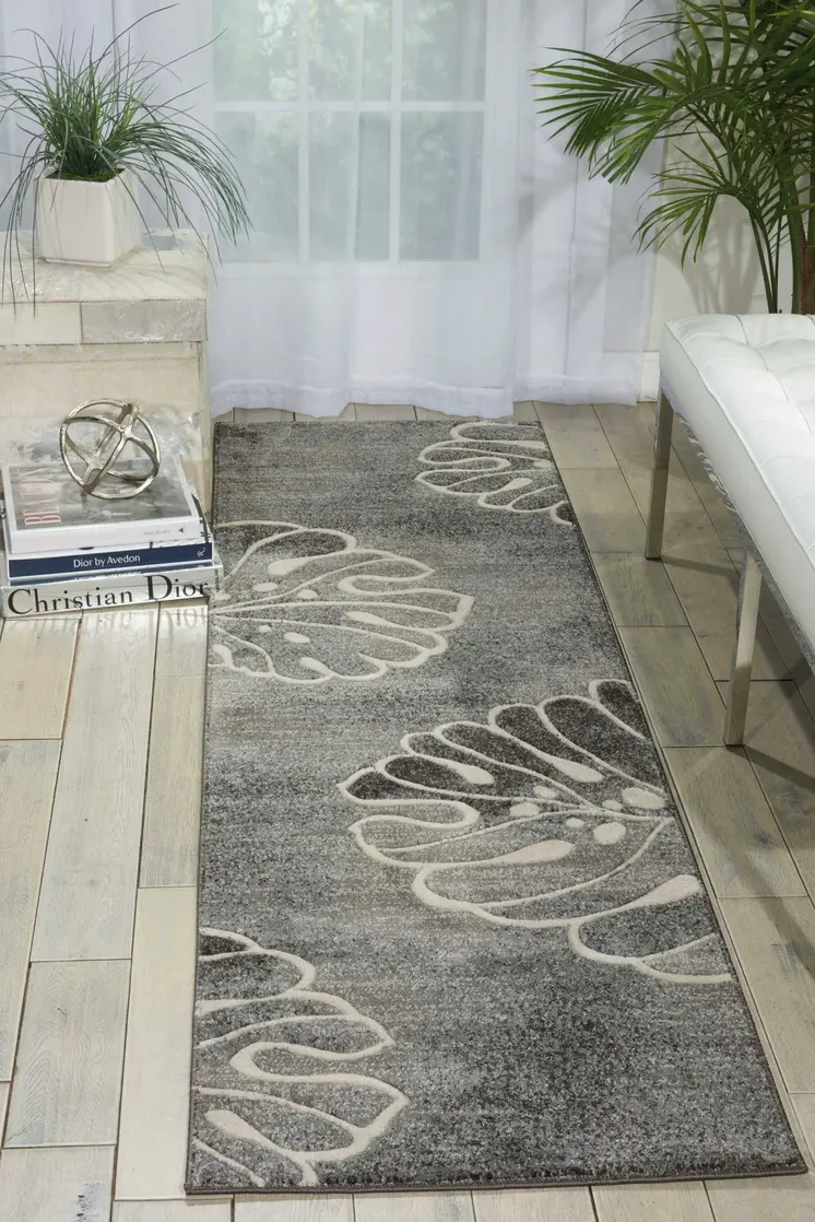 8' Ivory Black and Gray Floral Non Skid Runner Rug