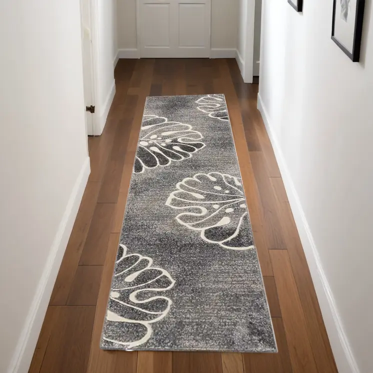8' Ivory Black and Gray Floral Non Skid Runner Rug