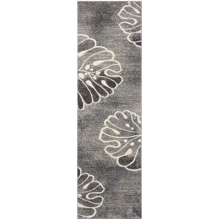 8' Ivory Black and Gray Floral Non Skid Runner Rug