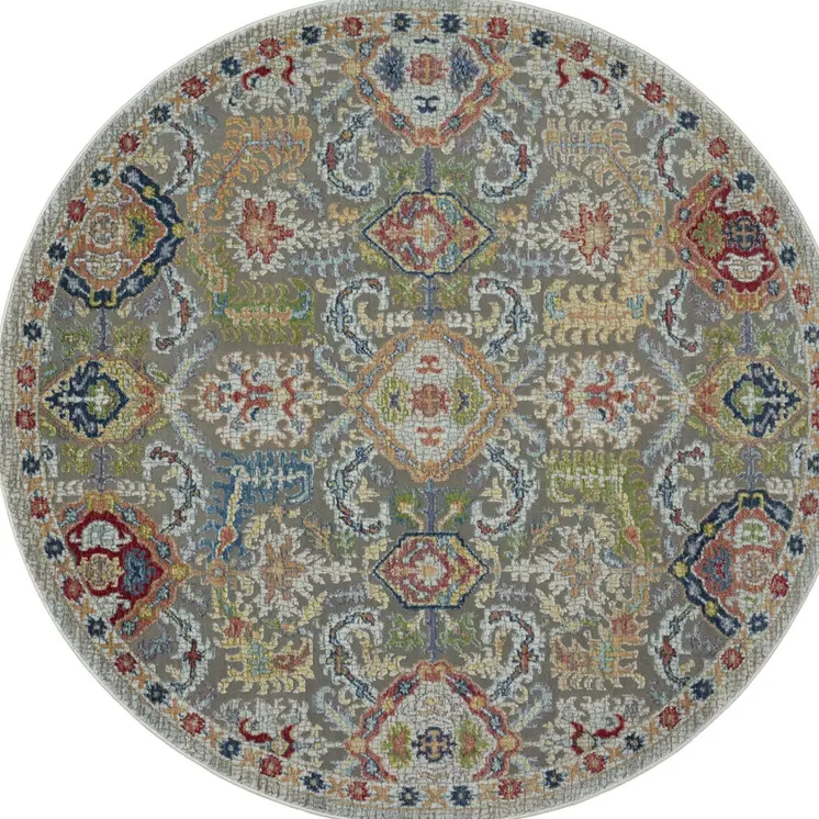 4' Ivory and Gray Floral Distressed Non Skid Round Rug
