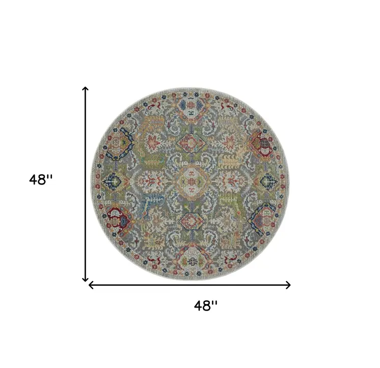 4' Ivory and Gray Floral Distressed Non Skid Round Rug