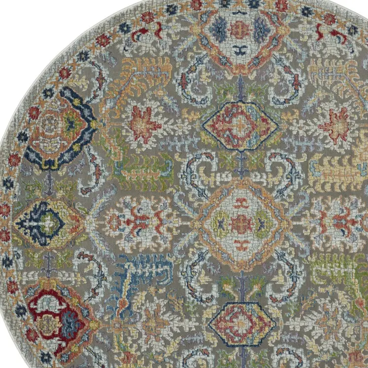 4' Ivory and Gray Floral Distressed Non Skid Round Rug
