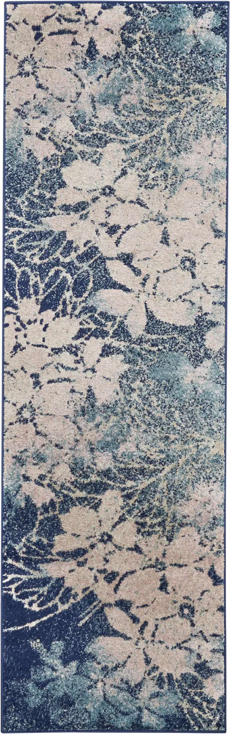 7' Navy Blue and Ivory Floral Runner Rug