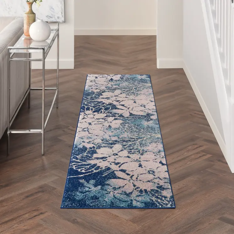 7' Navy Blue and Ivory Floral Runner Rug