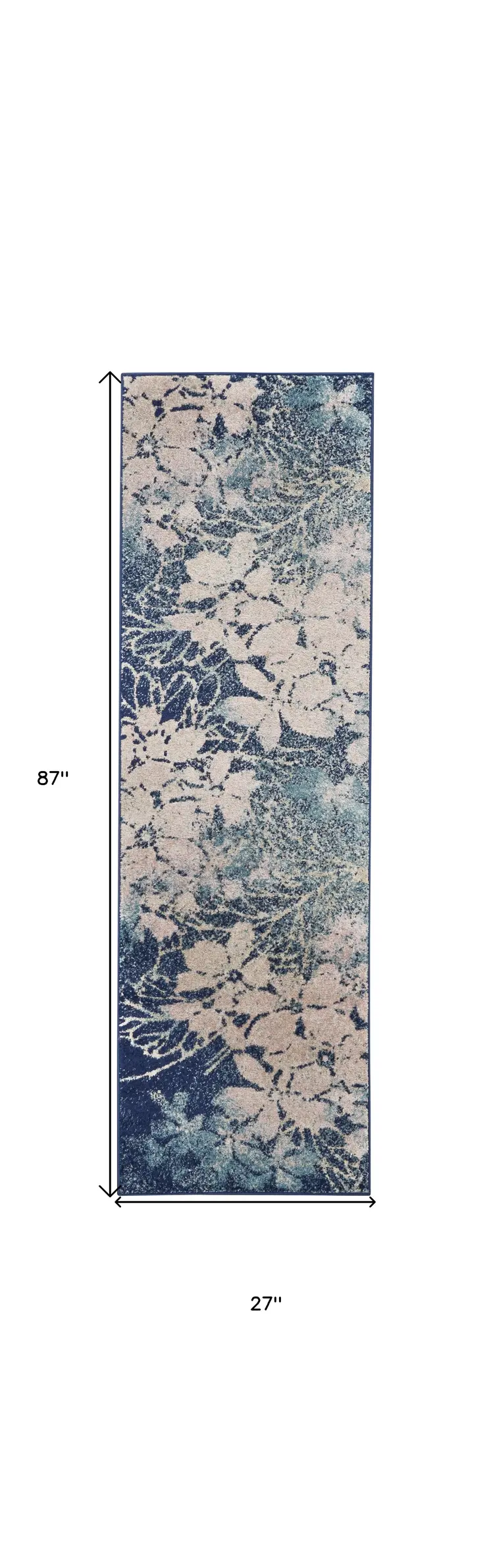 7' Navy Blue and Ivory Floral Runner Rug