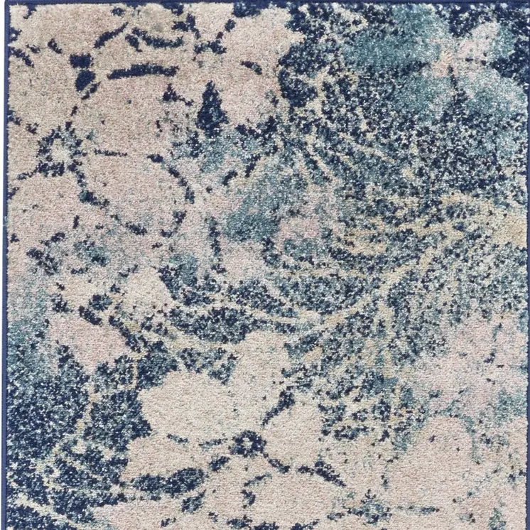 7' Navy Blue and Ivory Floral Runner Rug