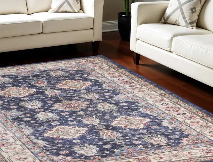 8' X 10' Ivory and Blue Floral Medallion Distressed Non Skid Area Rug