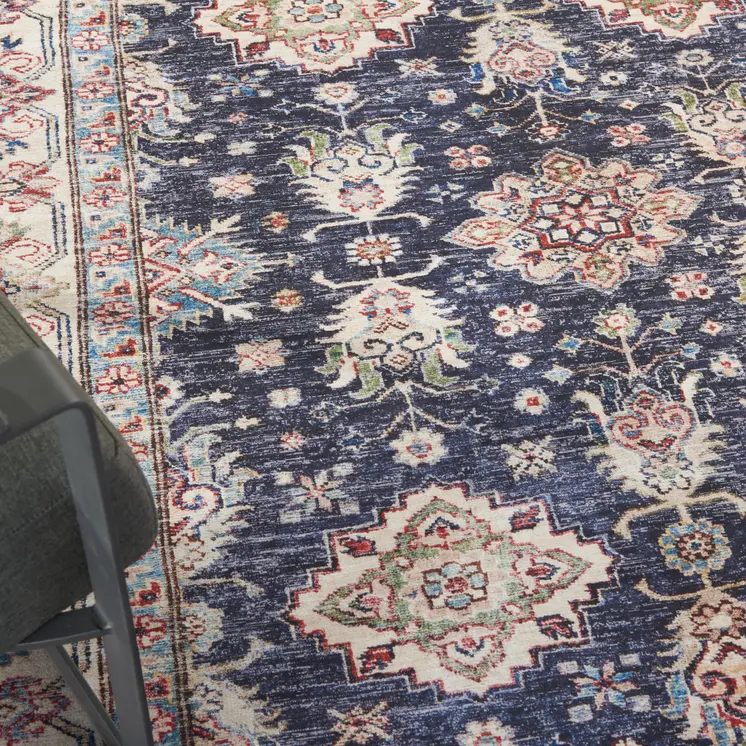 8' X 10' Ivory and Blue Floral Medallion Distressed Non Skid Area Rug