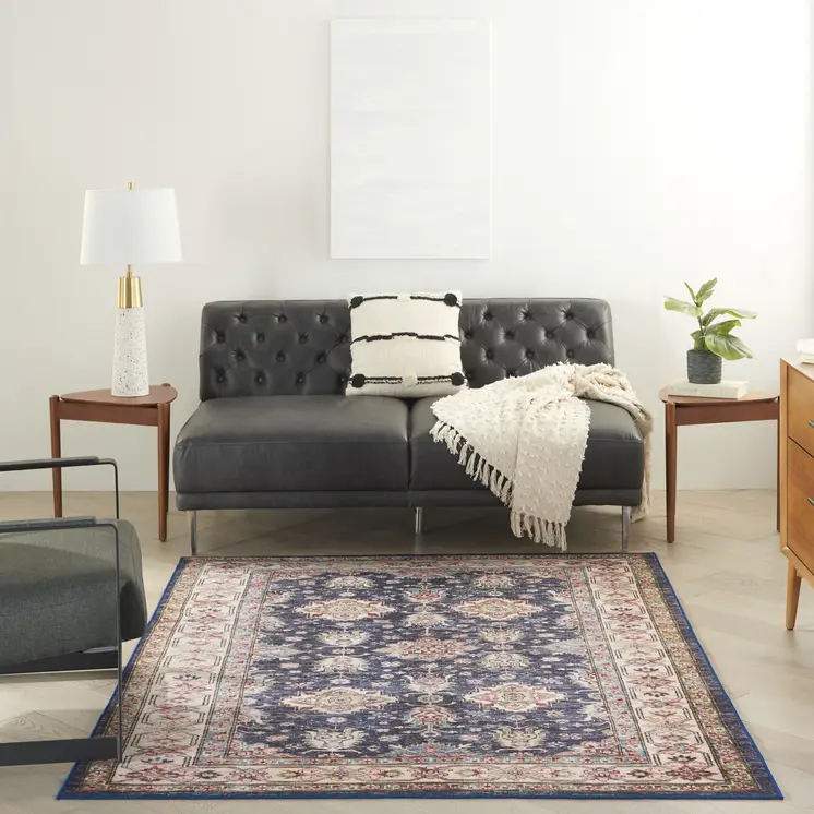 8' X 10' Ivory and Blue Floral Medallion Distressed Non Skid Area Rug
