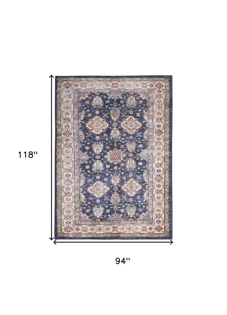 8' X 10' Ivory and Blue Floral Medallion Distressed Non Skid Area Rug