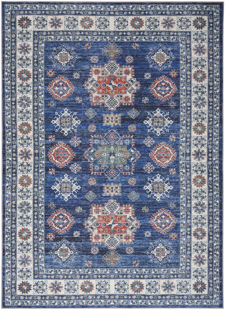 8' X 10' Ivory and Blue Floral Medallion Distressed Non Skid Area Rug
