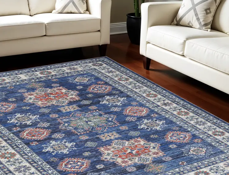 8' X 10' Ivory and Blue Floral Medallion Distressed Non Skid Area Rug