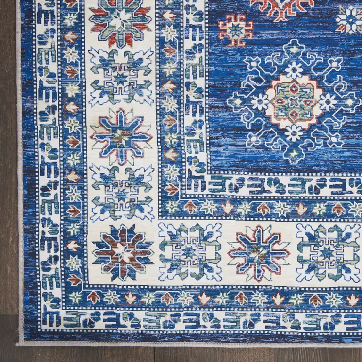 8' X 10' Ivory and Blue Floral Medallion Distressed Non Skid Area Rug