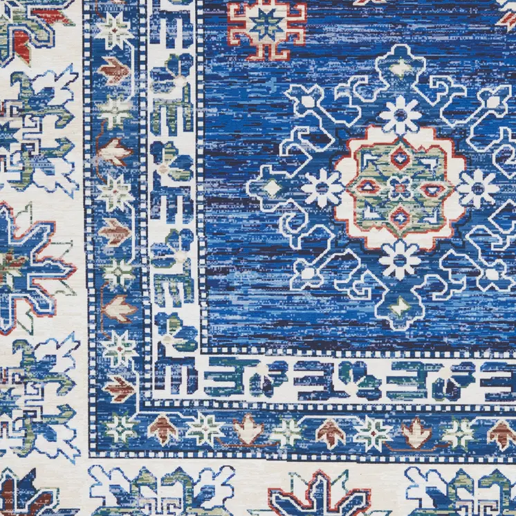 8' X 10' Ivory and Blue Floral Medallion Distressed Non Skid Area Rug