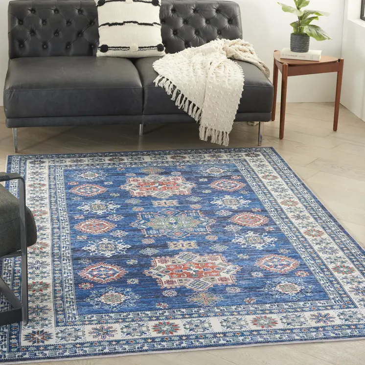 8' X 10' Ivory and Blue Floral Medallion Distressed Non Skid Area Rug