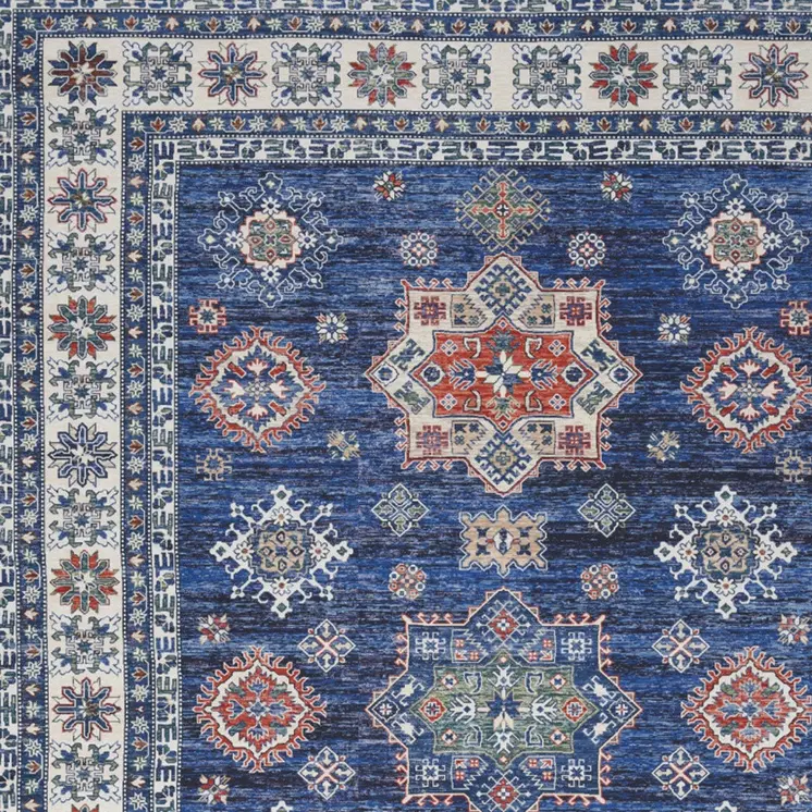 8' X 10' Ivory and Blue Floral Medallion Distressed Non Skid Area Rug