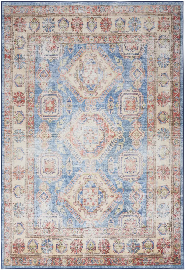 8' X 10' Ivory Red and Blue Medallion Distressed Non Skid Area Rug