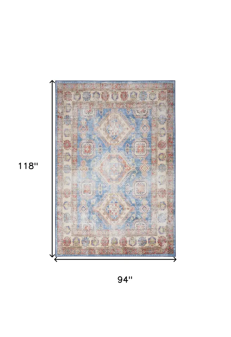 8' X 10' Ivory Red and Blue Medallion Distressed Non Skid Area Rug
