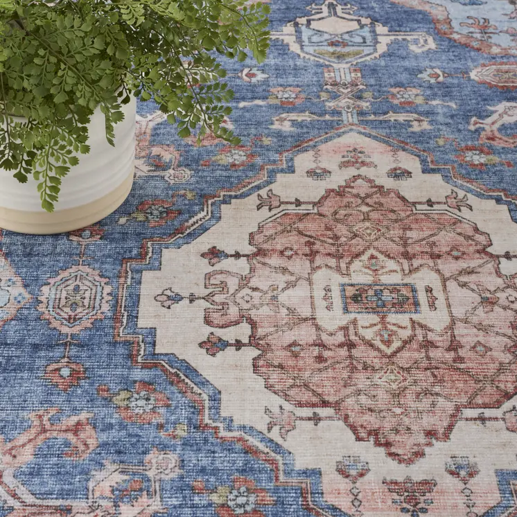 8' X 10' Ivory Red and Blue Floral Distressed Non Skid Area Rug